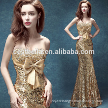 Golden Mermaid Floor-Lengh Celebrity Robes de soirée avec Big Bow Noël Formal Party Gown Golden